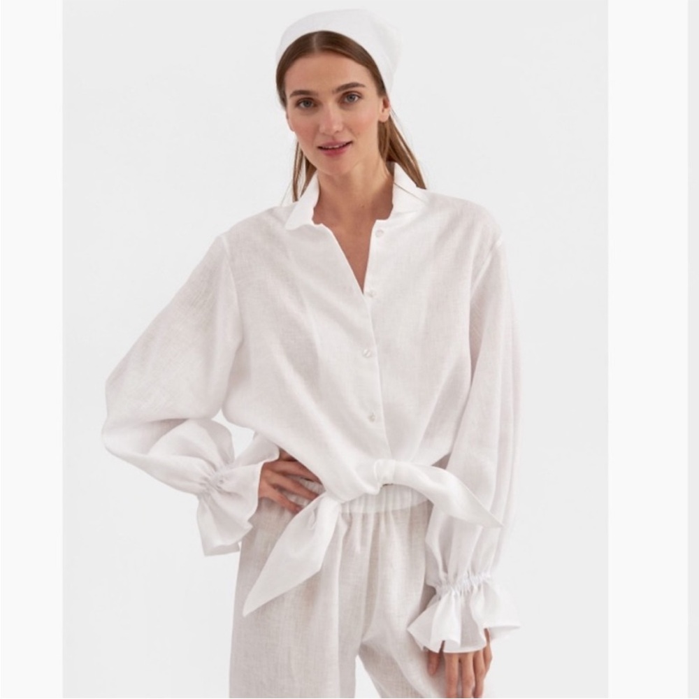 Sleeper Rumba Linen Lounge Top Blouse White long sleeve Peter Pan collar L